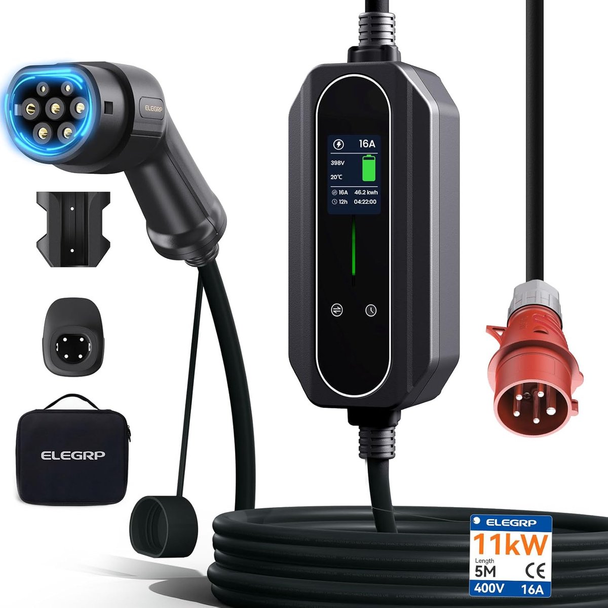 SnelShoppen - 11 kW Mobiele Wallbox met Type 2 Laadkabel, Driefase Oplader voor Elektrische Voertuigen, Instelbaar van 6 tot 16 A, 5 m Kabel, IP67 Wat