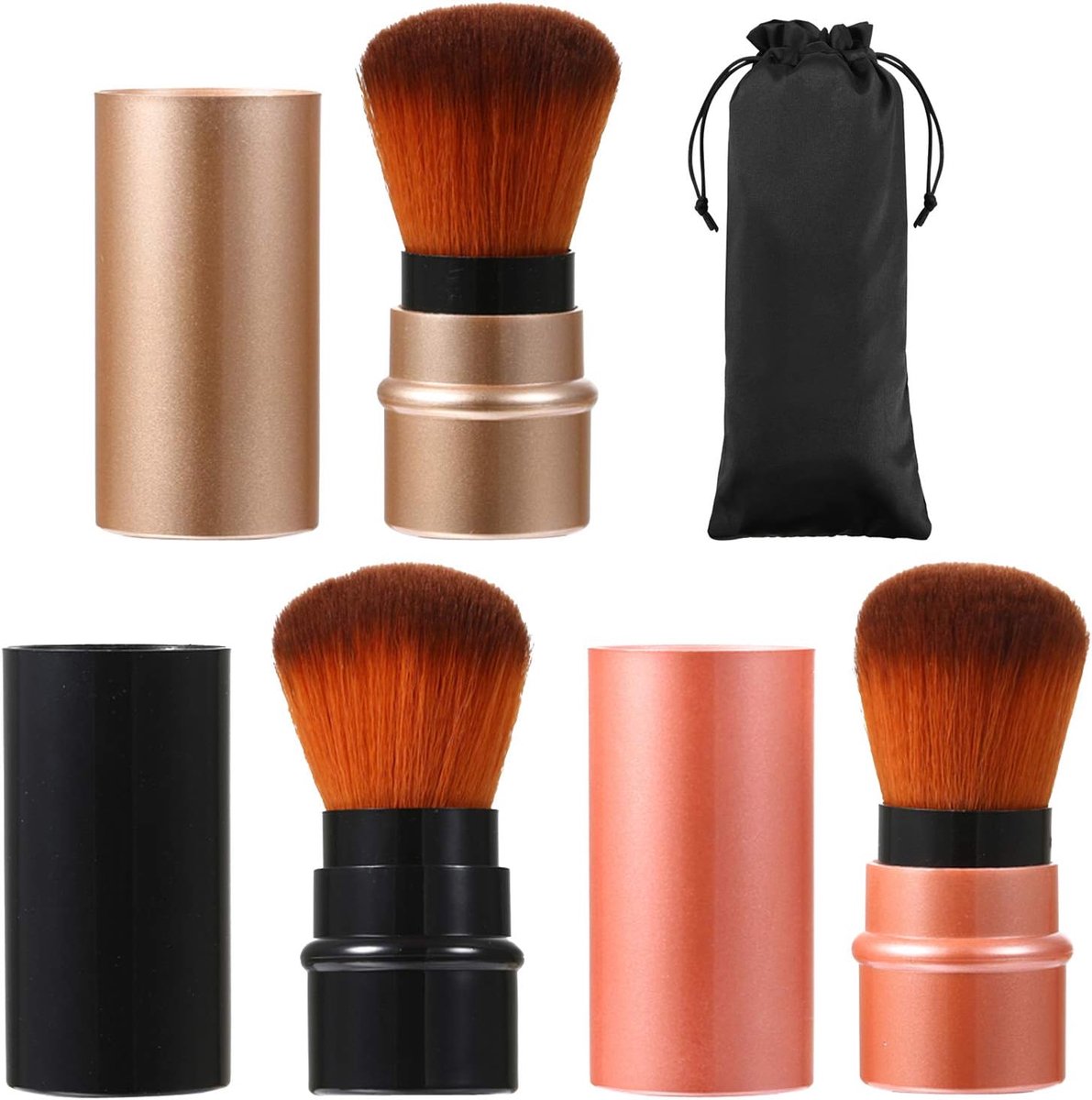 SnelShoppen - 3 Pack Retractable Kabuki Brush - Extra Zachte Synthetic Hair - Compact Makeup Poederkwasten voor Reizen en Dagelijks Gebruik