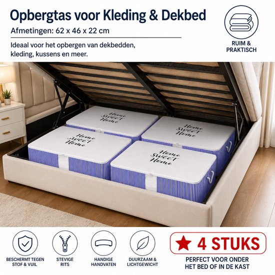 Vier blauw-wit gestreepte opbergzakken met 'Home Sweet Home' opdruk in een open bedbox.