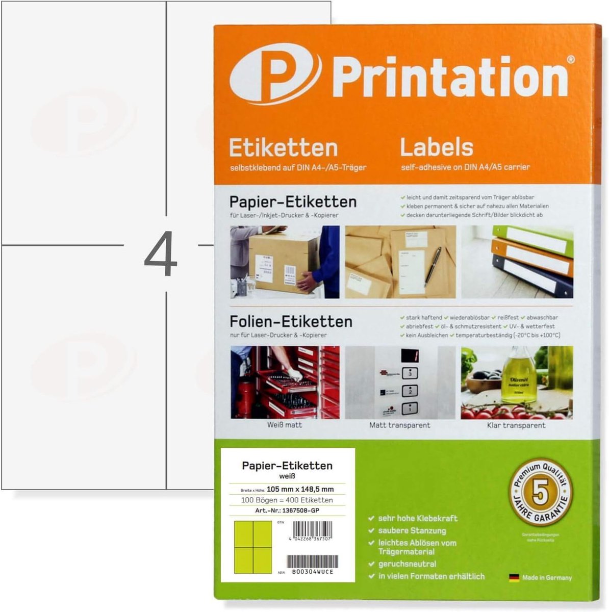 SnelShoppen - 400 Permanente Adhesive Adres Labels 105x148mm - 100 A4 Sticker Vellen, Zelfklevende Witte Labels voor Printen met Laser en Inkjet Print