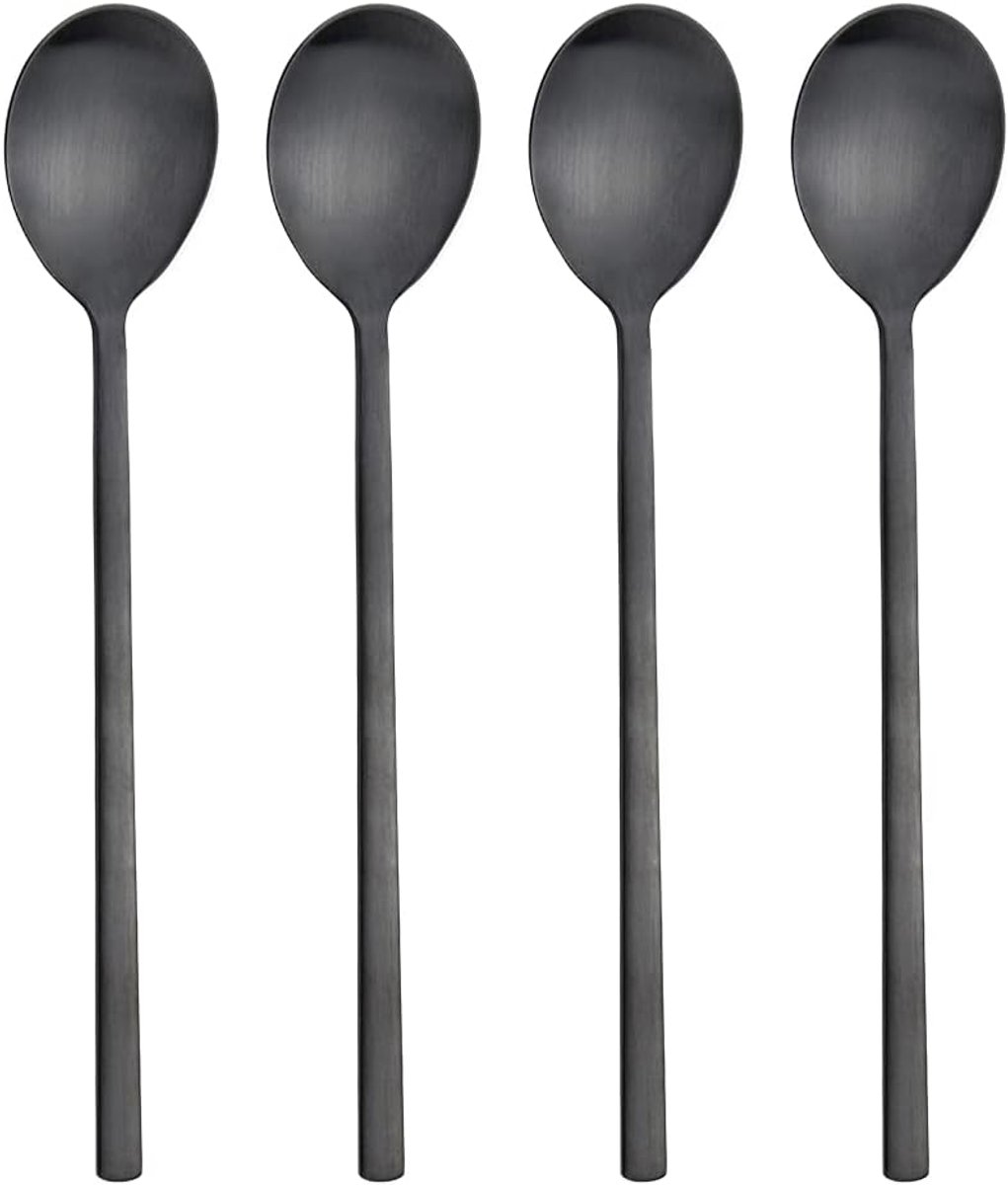 SnelShoppen - 4x RVS Soeplep Set met Lange Handgreep - 8,5 Inch Matte Zwarte Lepels voor Soep, Rijst, Diner en Restaurant - Duurzaam en Corrosiebesten