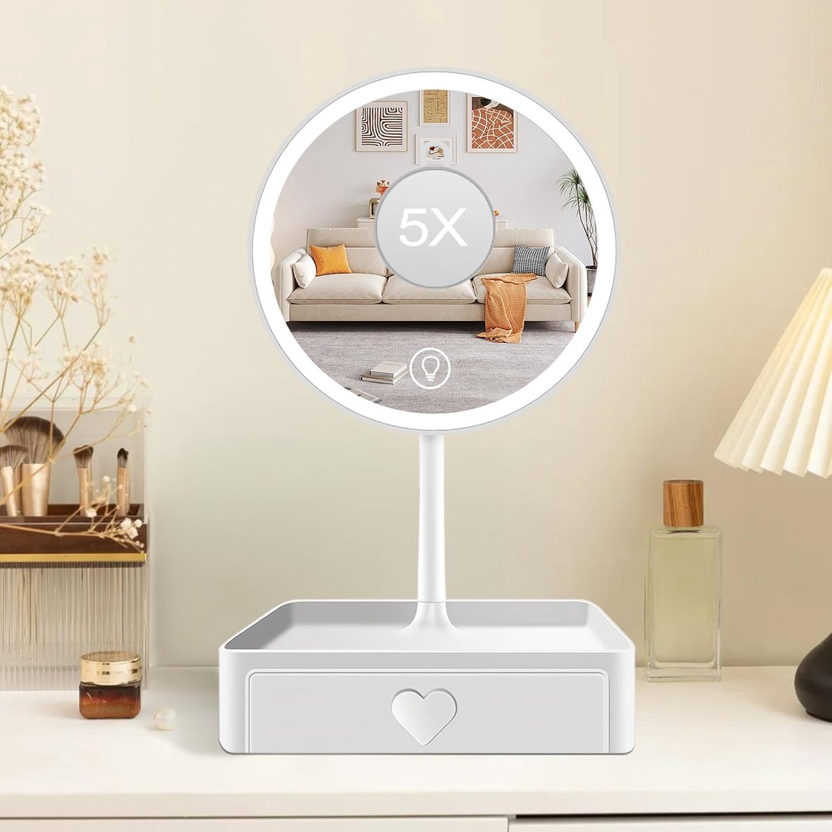 SnelShoppen - Cuteefun Make-up Spiegel met Licht - Magnetisch 5x Vergrotend Spiegel met Opbergbakje - 3 Kleuren Lichtstanden - Touchscreen Dimbaar - U