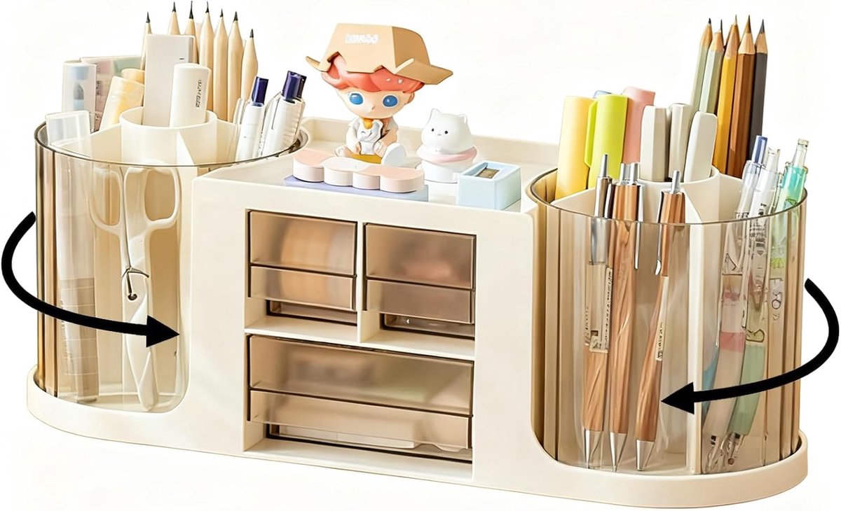 SnelShoppen - 360° Rotatable Pen Holder Desk Organizer - Dubbele Swivel Pennenhouder - Grote Capaciteit met 14 Compartimenten - Beige - Ideaal voor Ka