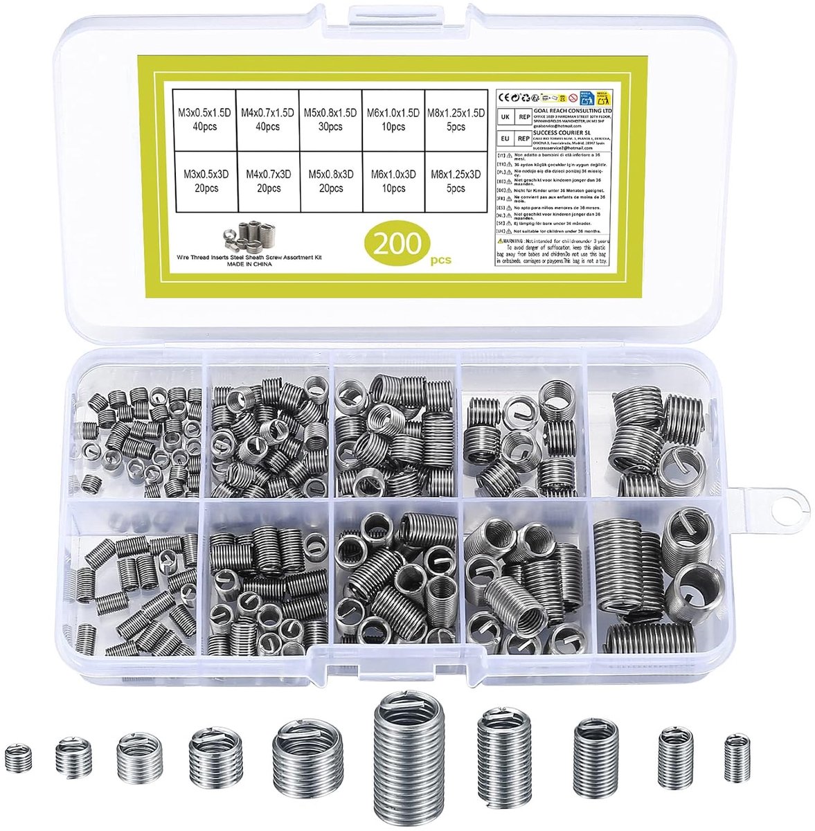 SnelShoppen - Helicoil Draad Reparatie Kit 200 Stuks - RVS Draad Inserts M3 M4 M5 M6 M8 - Hoogwaardig en Duurzaam - Voor Schraube Reparaties