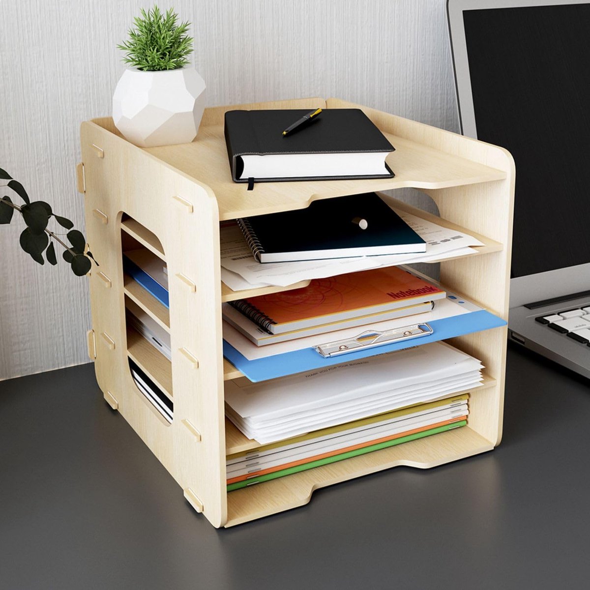 SnelShoppen - 5-laags houten bureau organizer - Desk file holder - Stapelbare A4 papier sorteerder - Documenten en tijdschriften opbergplank - Perfect