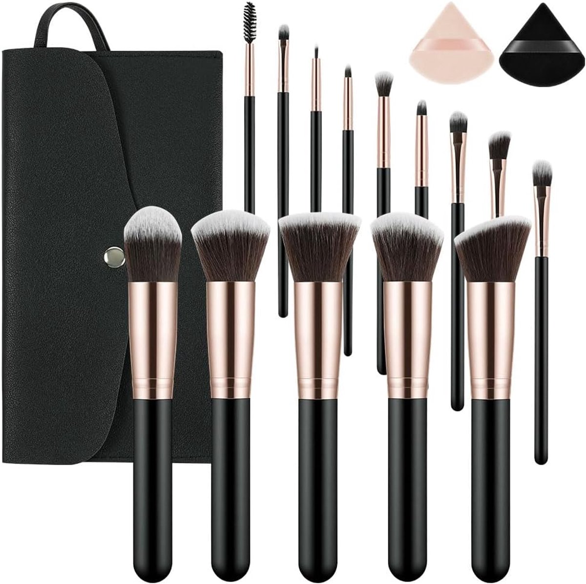 SnelShoppen - Makeup Kwasten Set 14 Stuks, Professionele Make-up Brushes met Cosmetica Tas, Zachte Synthetische Haren, 2 Poederkwasten, Zwart en Goud