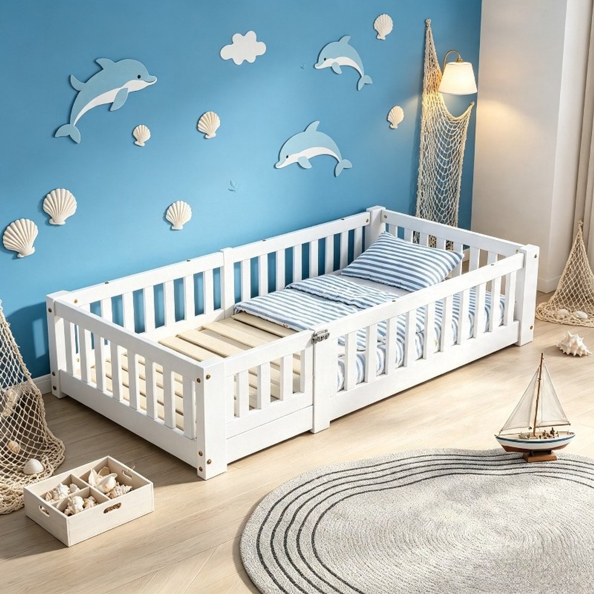 ROSAHQNDA Kinderbed 90x190 cm, vloerbed en montessoribed voor kinderen met veiligheidshekje, eenpersoonsbed van hout met lattenbodem, witte bedframe, zonder matras