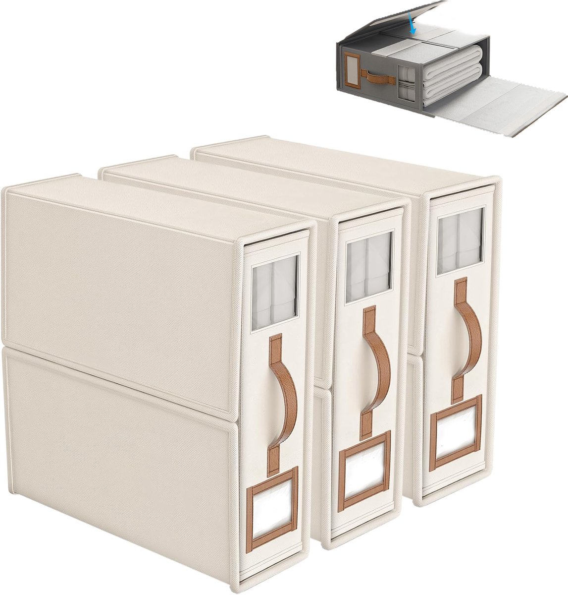 KZQ 3-pack opvouwbare opbergboxen voor beddengoed - Linnen stof met venster voor overzichtelijke opslag - Geschikt voor lakens kussens en dekbedden - Perfect voor kastorganisatie - Beige