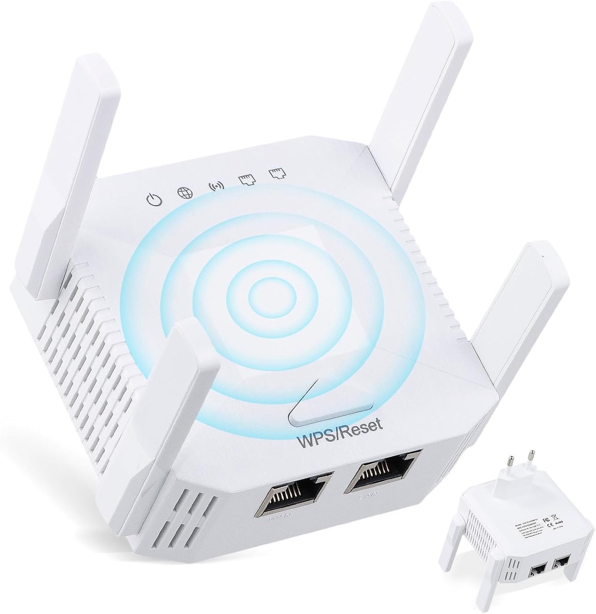 SnelShoppen - Wi-Fi Amplifier Repeater 1200 Mbit/s Dual Band 2.4GHz 5GHz Wi-Fi Booster met 4 Antennes en LAN/WAN Poort, EU Plug voor Thuis en Kantoor