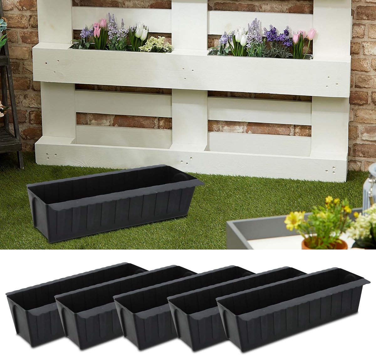 SnelShoppen - Set van 6 Galvanized Planters voor Euro Pallets - Plastic Tuinpotten 37x9.5x13.5 cm - Duurzaam en Trendy voor Tuin en Balkon