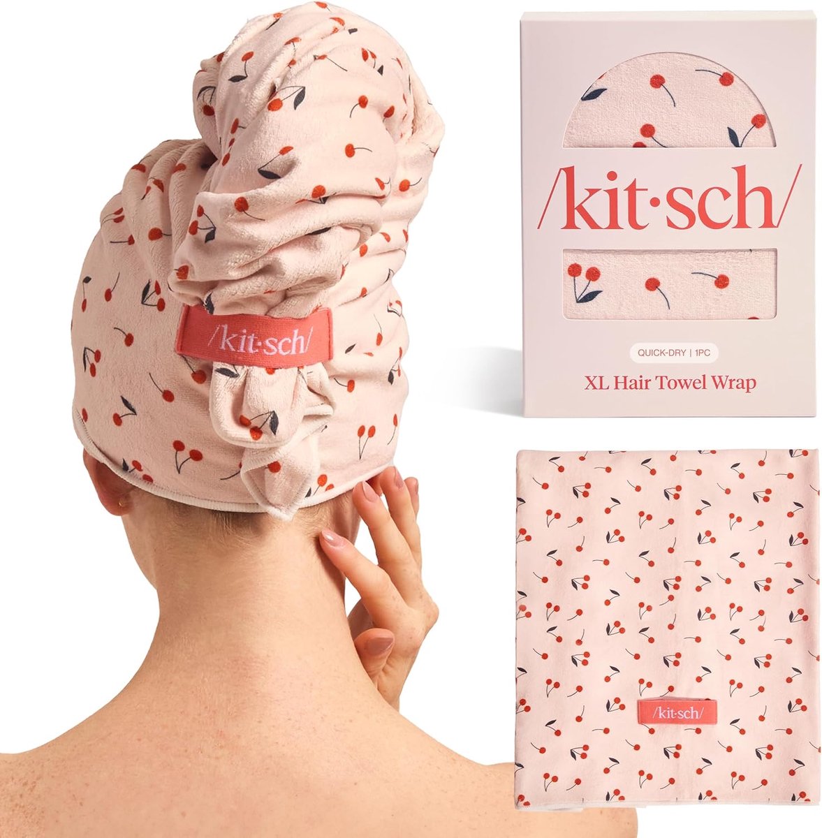 Thijox - Kitsch XL Microvezel Haarhanddoek Wrap voor Vrouwen - Ultra Absorberend, Sneldrogend, Anti-Kroezen - Kersenprint, 40 x 24 Inch - Ideaal voor