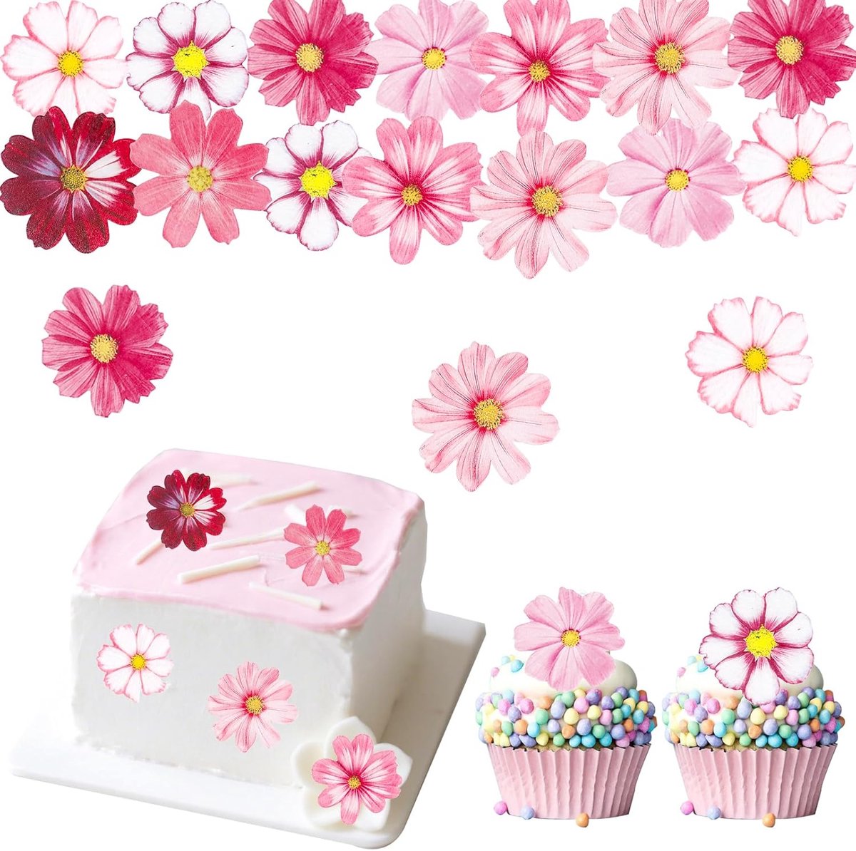 SnelShoppen - 65 Stuks Daisies Cake Decoratie voor Feest, Verjaardag, Bruiloft, Doop, Handgemaakte Roze Papieren Bloemen voor Taart en Cupcakes