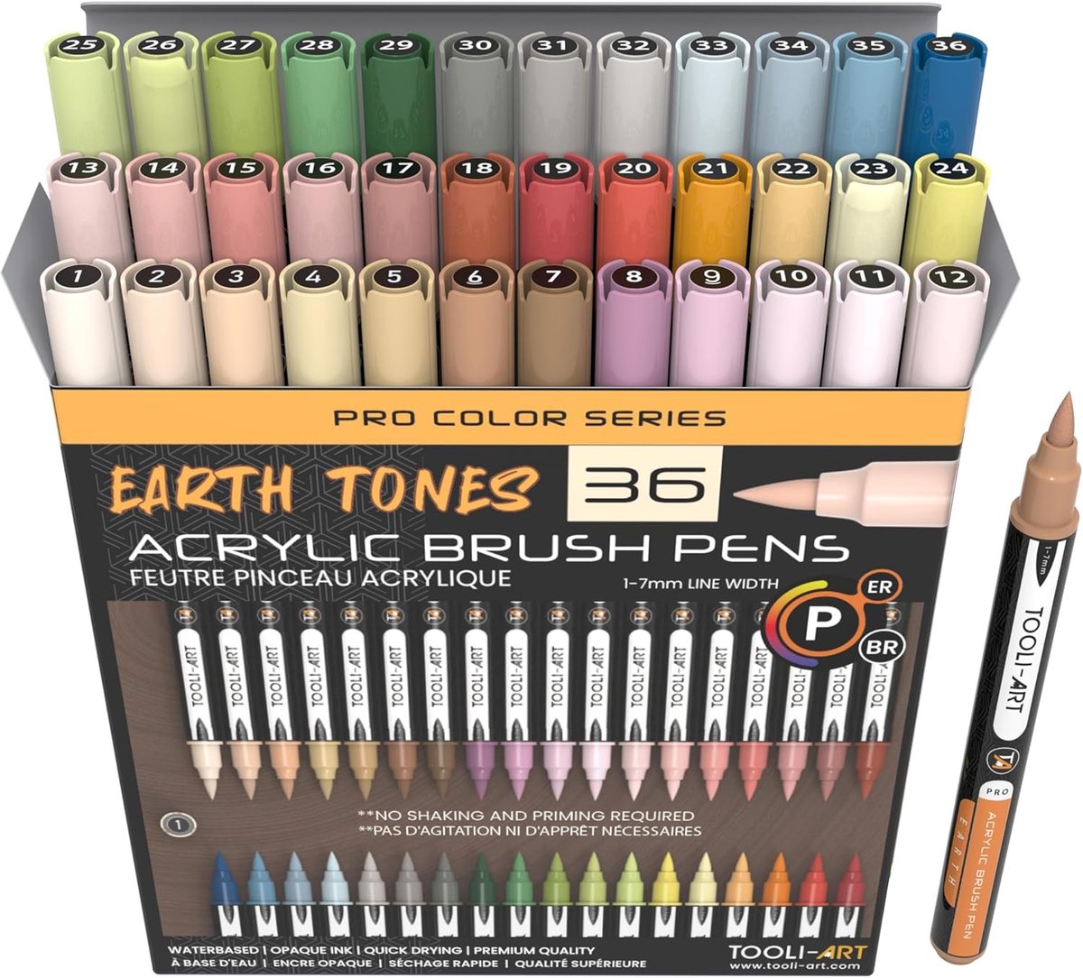 SnelShoppen - 36 Flexibele Aarde Tinten Acryl Verf Markers 1-7mm, Geschikt voor Rock Painting, Brush Lettering, Glas, Hout, Metaal, Canvas, Stof, Plas
