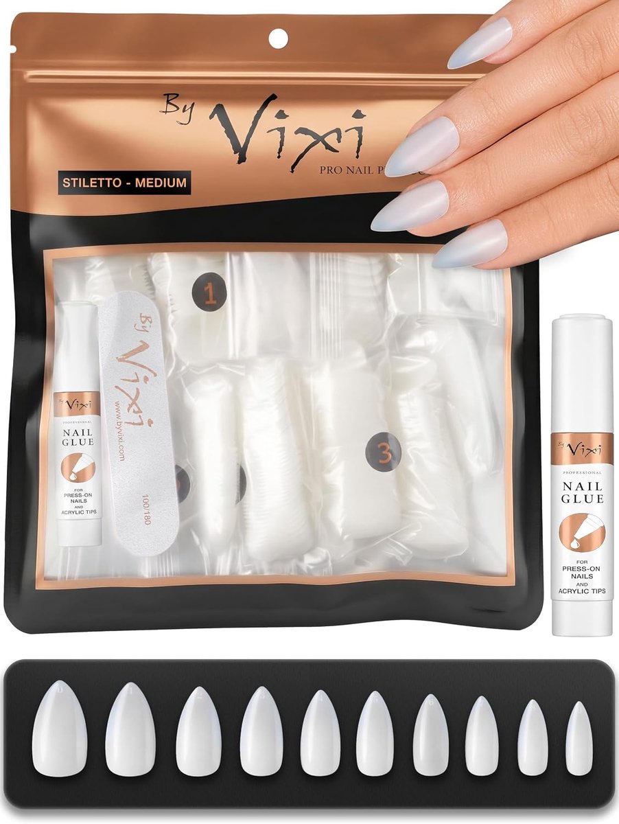 SnelShoppen - 600 Stiletto Nagels Set Medium - Opaque Full Coverage Kunstnagels met Hechting en Vijl - 10 Maten voor Professioneel en Thuisgebruik