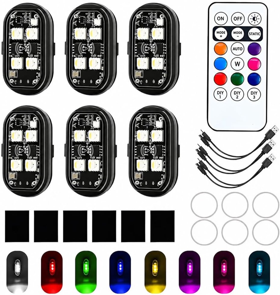 SnelShoppen - 6 Stuks Draadloze LED Lichten - Stroboscoop Drone Lamp - 8 Kleuren - Waterdichte Flitslamp met Afstandsbediening voor E-Scooter, Scooter