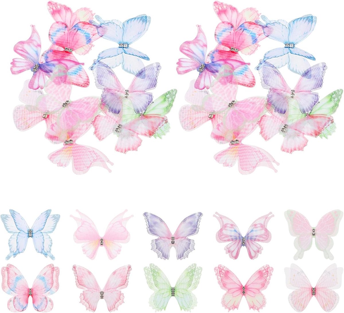 SnelShoppen - 20 Organza Vlinders voor Creatieve Decoraties, 3D Stoffen Vlinder Applicaties, Kleurvolle Mini Vlinders voor DIY Wanddecoratie, Kleding