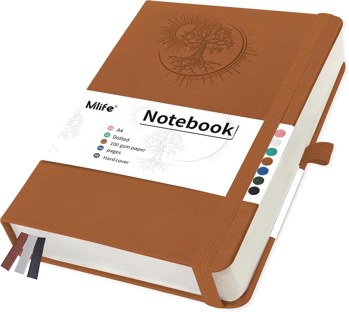 SnelShoppen - A4 Dotted Notebook met Tree of Life Design, 360 Pagina's, 100 g/m² Dotted Papier, PU Hoes, Elastische Band, Penhouder, 3 Boekenleggers,