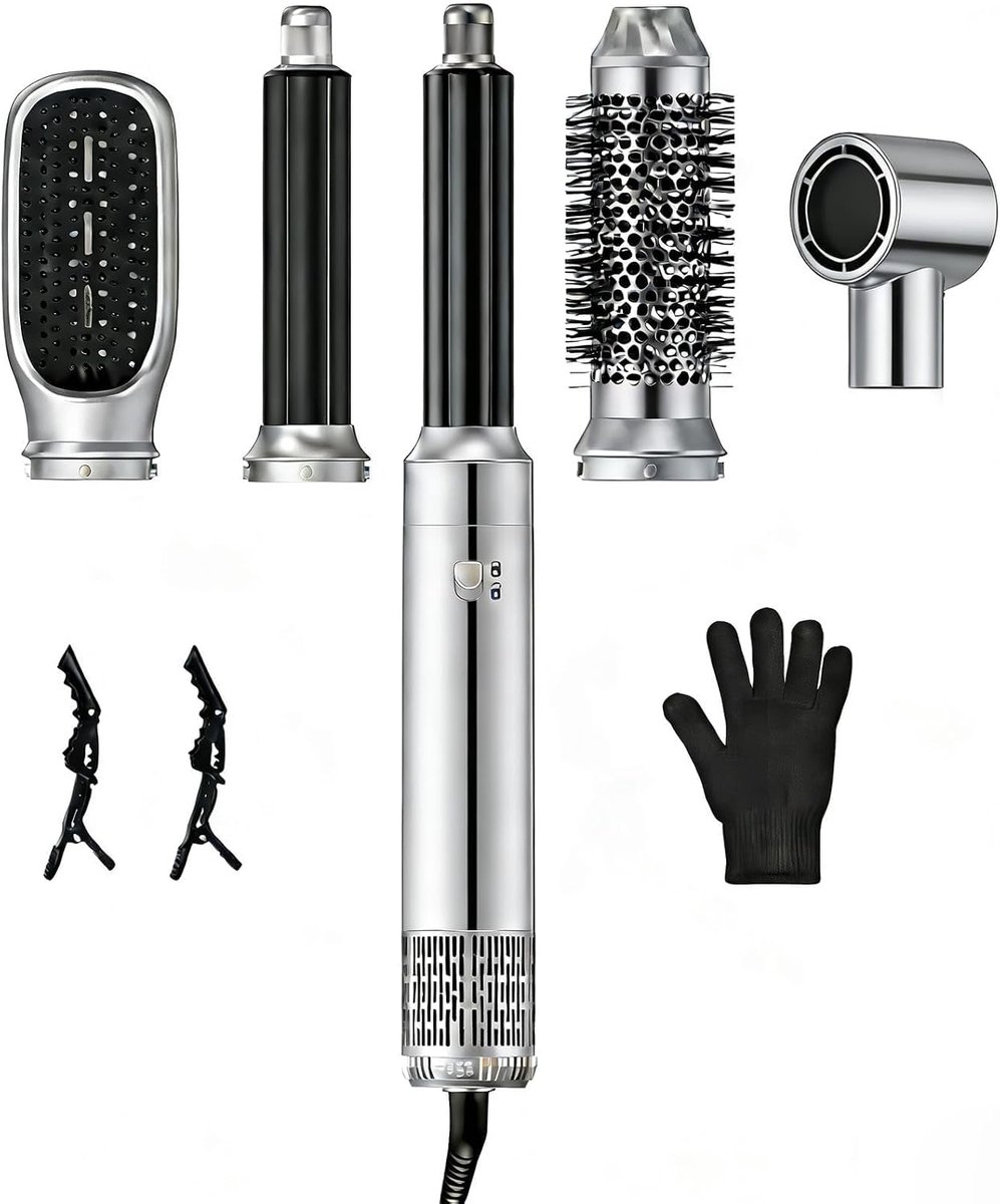SnelShoppen - 5-in-1 Haarstyler Föhn met Ionische Technologie, Automatische Krultang, Heteluchtborstel, Stijltang en Volume Borstel in Zilver voor Thu