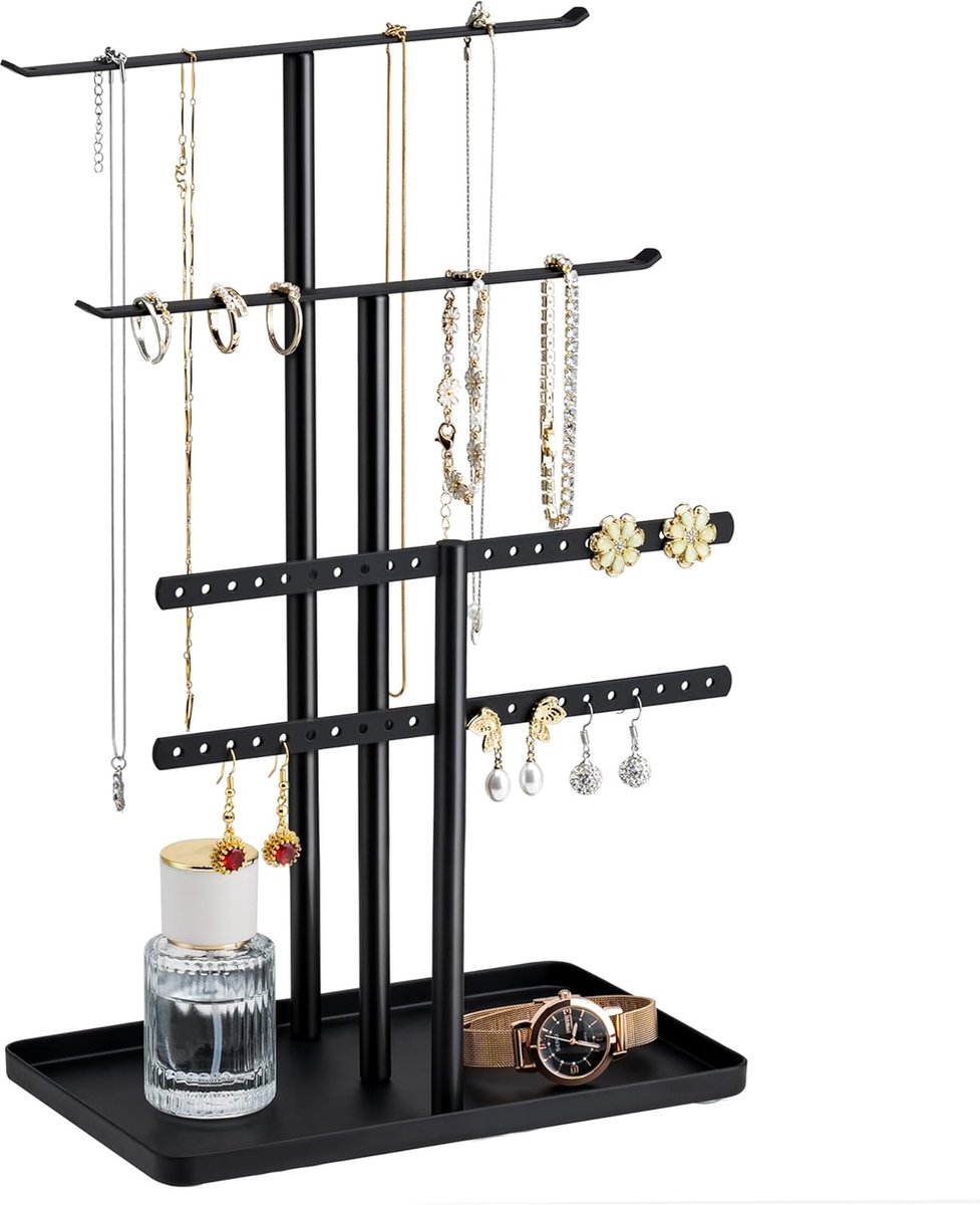 SnelShoppen - Black Jewelry Organizer 32cm Hoog - Sieraden Standhouder met 3 Tiers voor 80 Stuks - Stabiliteit en Stijl - Ideaal voor Thuis en Feestje