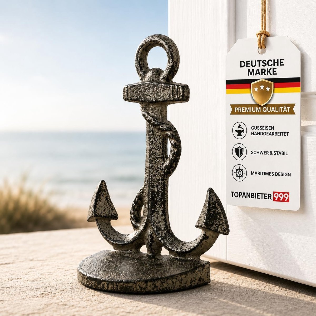 SnelShoppen - Deurstopper Anker van Gietijzer, Decoratieve Deurhouder voor Buiten, Terras en Balkon, Vintage Marine Design, Bruin, 770 g, Duurzaam en