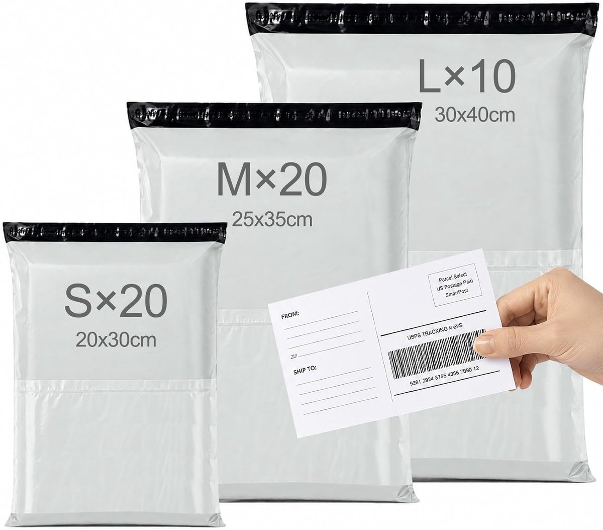 SnelShoppen - 50 Stuks Opaque Zelfklevende Verzendzakken voor Kleding, Boeken, en Cadeaus - Waterdichte Plastic Verpakkingen (Wit, S-20, M-20, L-10)