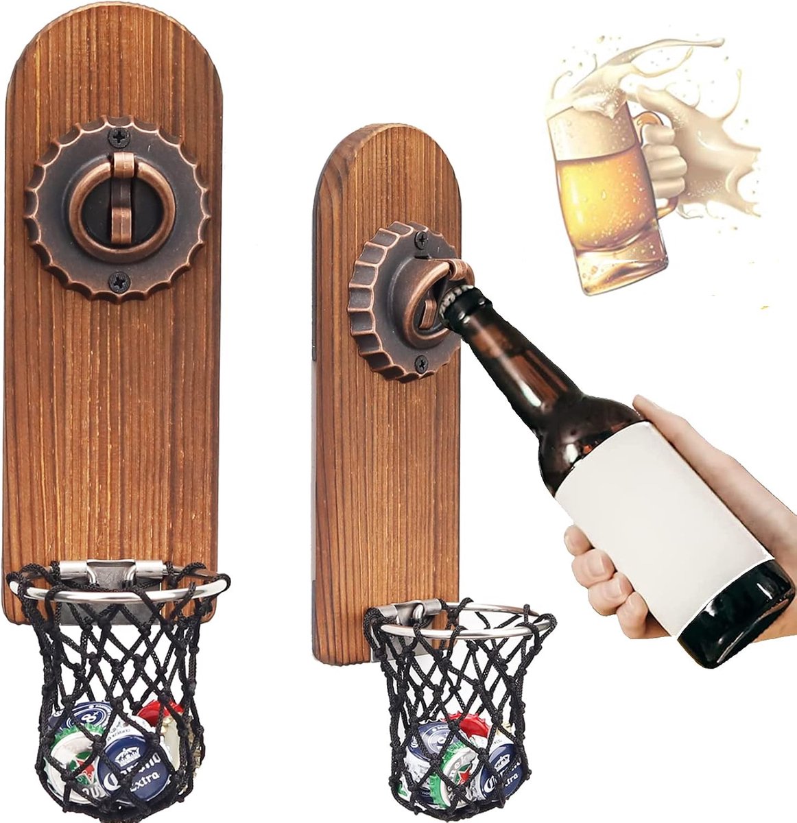 SnelShoppen - ZONSUSE Magnetic Bottle Opener Wandopener met Net Catcher, Gepersonaliseerde Houten Bieropener, Cadeau voor Mannen, Voor Bar en Man Cave