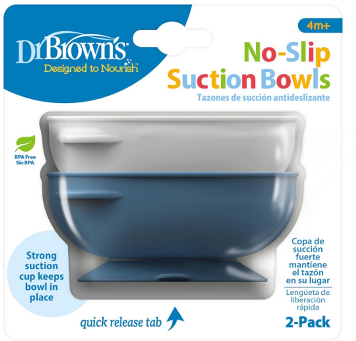 Dr. Brown's No-Slip Zuignap Kommen 2 Stuks (Blue & Gray) – Baby & Peuter Voerbakjes met Sterke Zuignap – BPA-vrij – Vanaf 4 Maanden