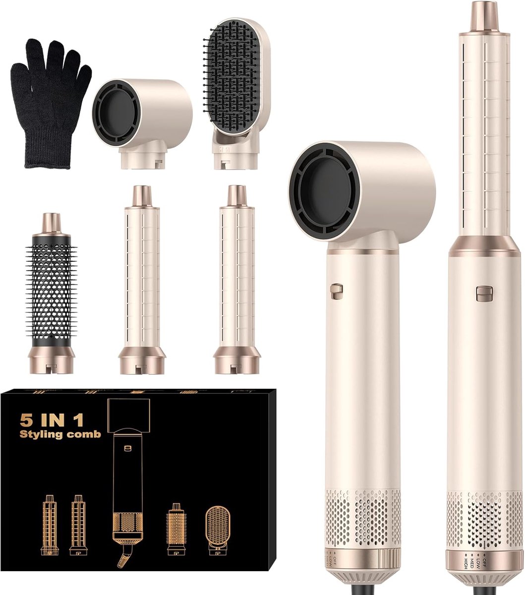 Thijox - 5-in-1 Haarstyler, Multifunctionele Stylingtool voor Krullen, Steil Haar, Volume, Haardroger, Geschikt voor Alle Haartypen, Compact en Lichtg