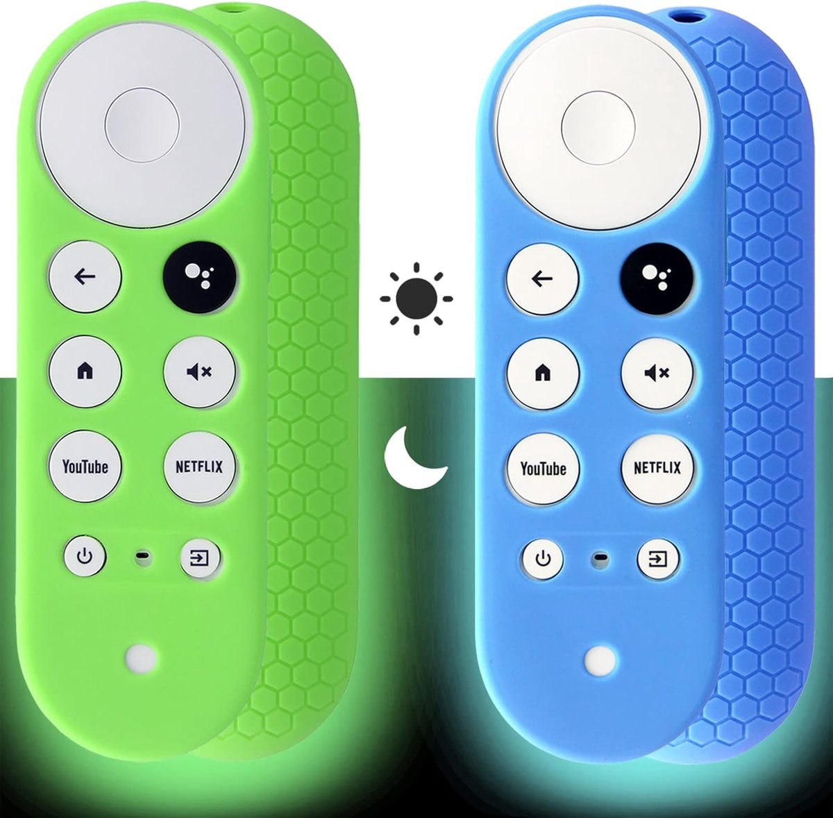 SnelShoppen - 2 Pack Afstandsbediening Cover Glow in het Donker, Geschikt voor Chromecast met Google TV, Antislip Siliconen Hoes, Groen en Blauw