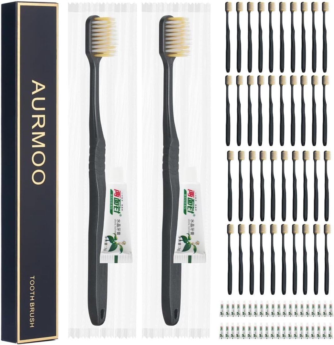 SnelShoppen - 40-delige Portable Travel Toothbrush Set - Reistandenborstel met Tandpasta, Wegwerp Tandenborstels, Zachte Borstel, Zwart - Ideaal voor