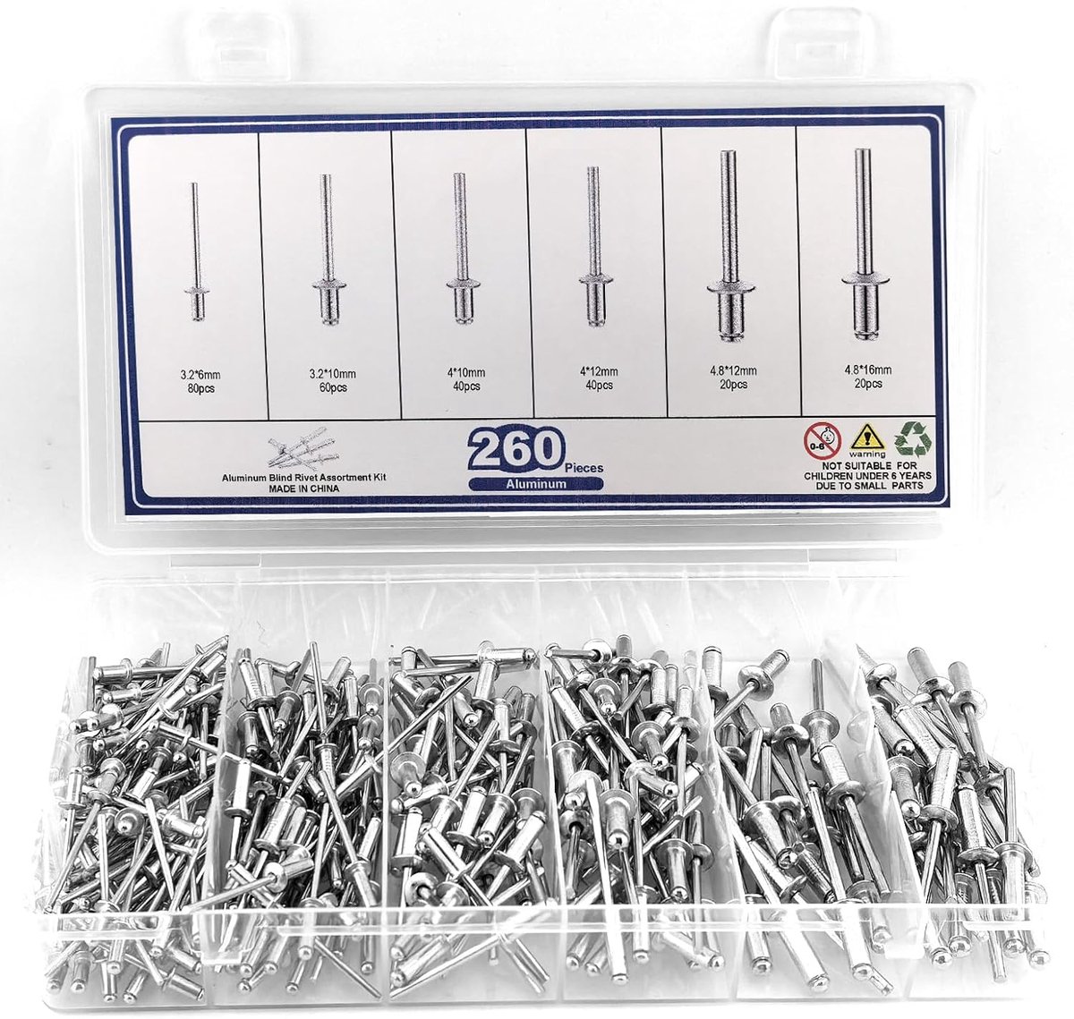 SnelShoppen - 260 stuks Blindklinknagelset M3.2/M4/M4.8 - Aluminium Popklinknagels voor Metaal, Hout, Meubels en Scheepsbouw - Robuuste Bevestigingsse