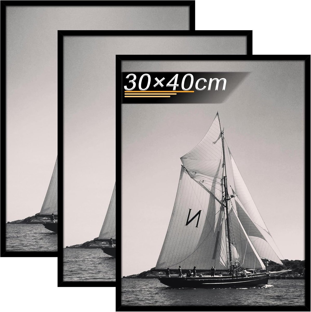 SnelShoppen - Set van 3 Houten Fotolijsten 30 x 40 cm Zwart met Plexiglas - Hangend Verticaal of Horizontaal - Perfect voor Foto's, Certificaten en He