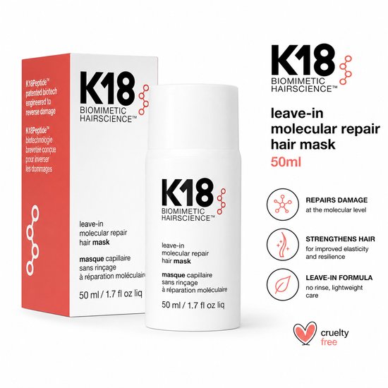 K18 leave-in molecular repair hair mask 50 ml, witte fles en doos met rode K18 logo.