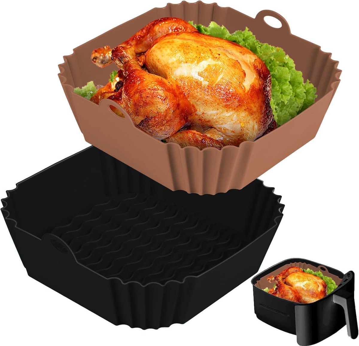Bakplaat voor airfryer - vierkante siliconen bakmat voor airfryer - herbruikbaar - accessoire voor airfryer - BPA-vrij - 2 stuks - zwart + bruin