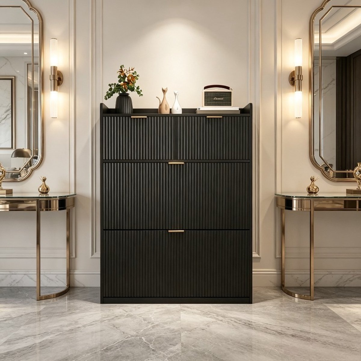 Schoenenkast 80x24x110 cm met 2 lades en 2 kleppen, smalle schoenenkast voor hal met verstelbare planken, opbergkast met verticale deurpanelen van mdf en metalen handgrepen, zwart