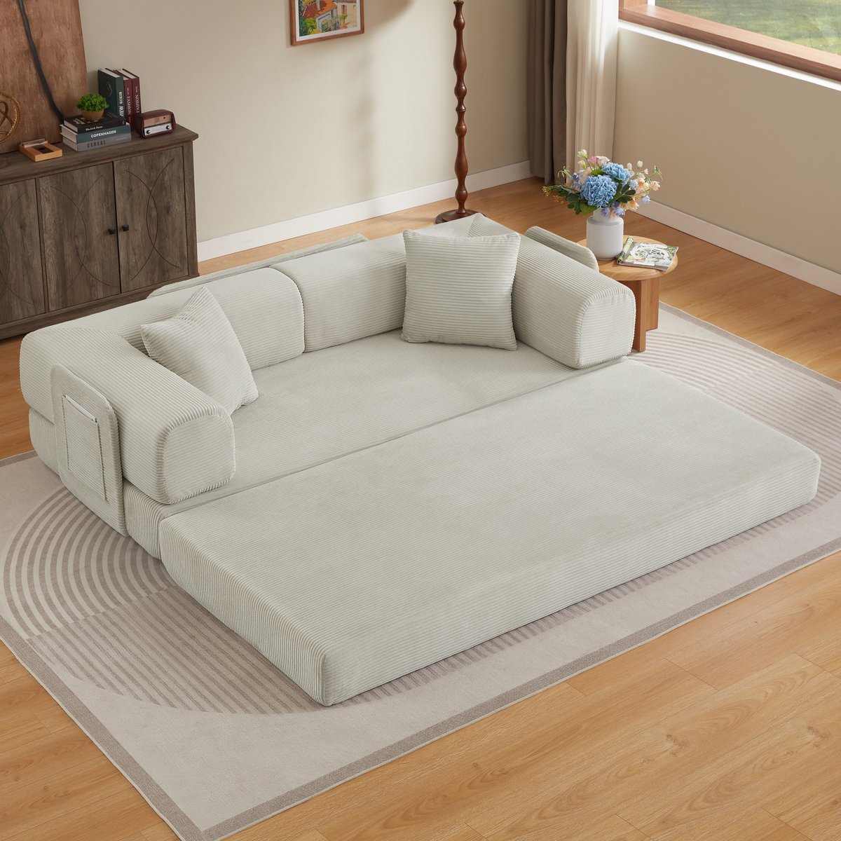 HAUSS SPOLE Slaapbank - Opklapbare Vloerbank - Van Bank Naar Slaapbed - Voor Woonkamer En Slaapkamer - Corduroy Beige