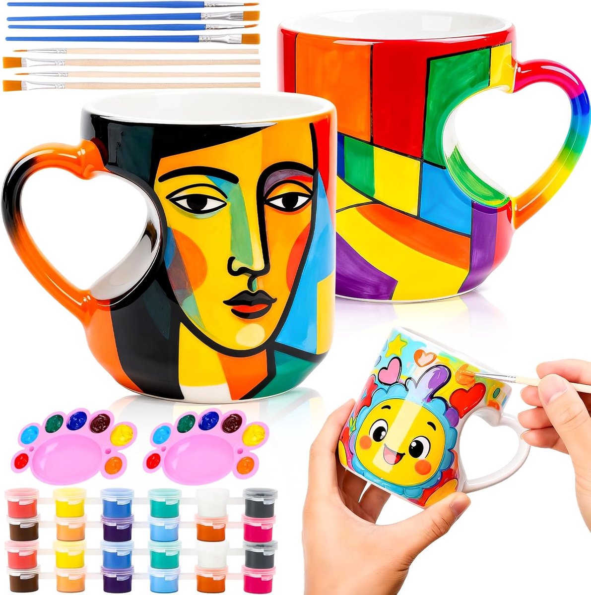 SnelShoppen - Creatieve DIY Set voor Volwassenen en Kinderen - Keramische Schilder Set met 2 Hartvormige Mokjes, 12 Loodvrije Kleuren, 8 Professionele