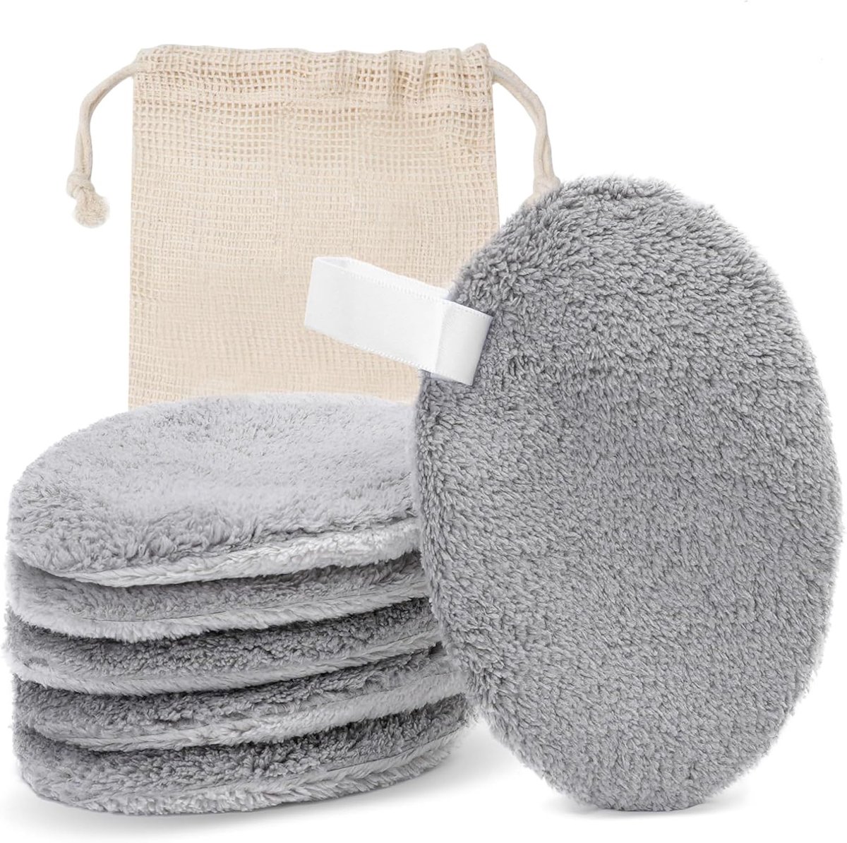 SnelShoppen - Reusable Makeup Remover Pads 6 Stuks - Wasbare Microfiber Reinigingspads - Dubbelzijdig Zacht voor Gevoelige Huid - Ovalen Grijs - Milie