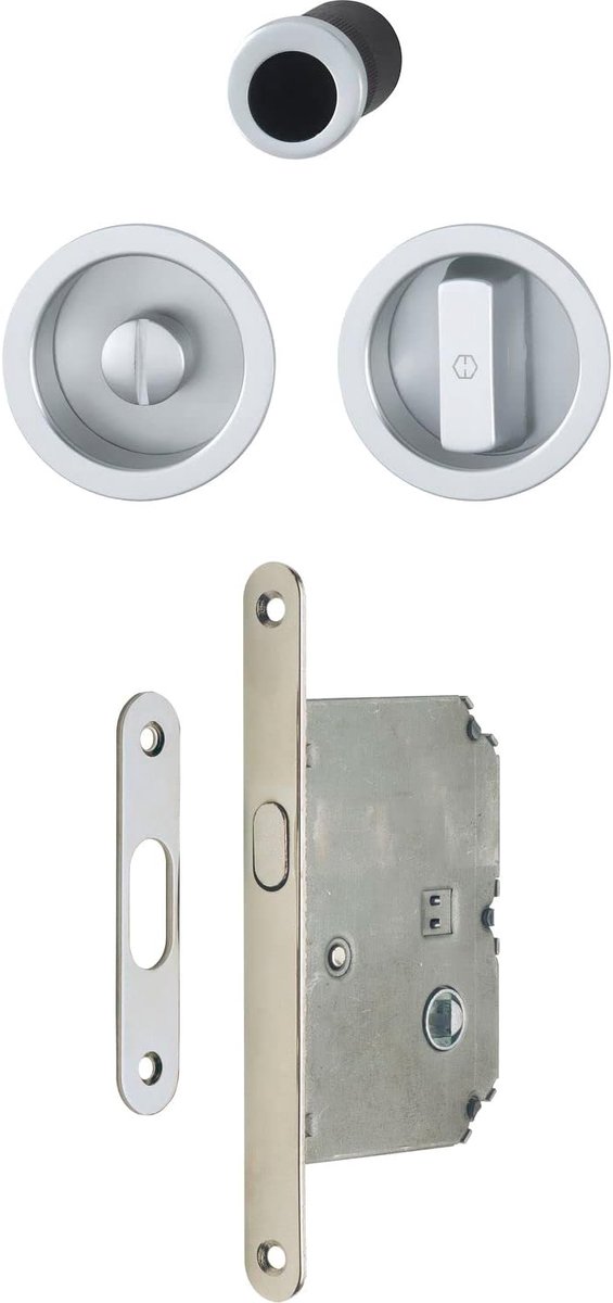 SnelShoppen - Sliding Door Shell Set 4920 met Lock en Ronde Rosette Toilet, Aluminium Chrome-Plated, Inclusief Mortise Lock en Finger Sleeve, Geschikt