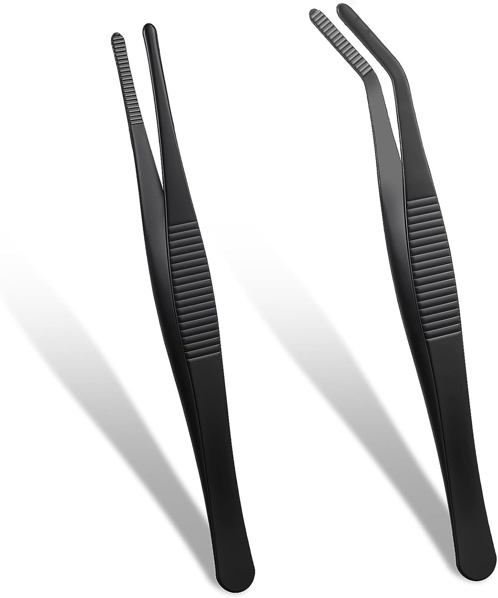Thijox - 2 Stuks Antislip Gebogen en Rechte Pincetten van Roestvrij Staal - 14 cm - Stompe Pincet met Gekartelde Rand voor Laboratorium en Onderzoek -