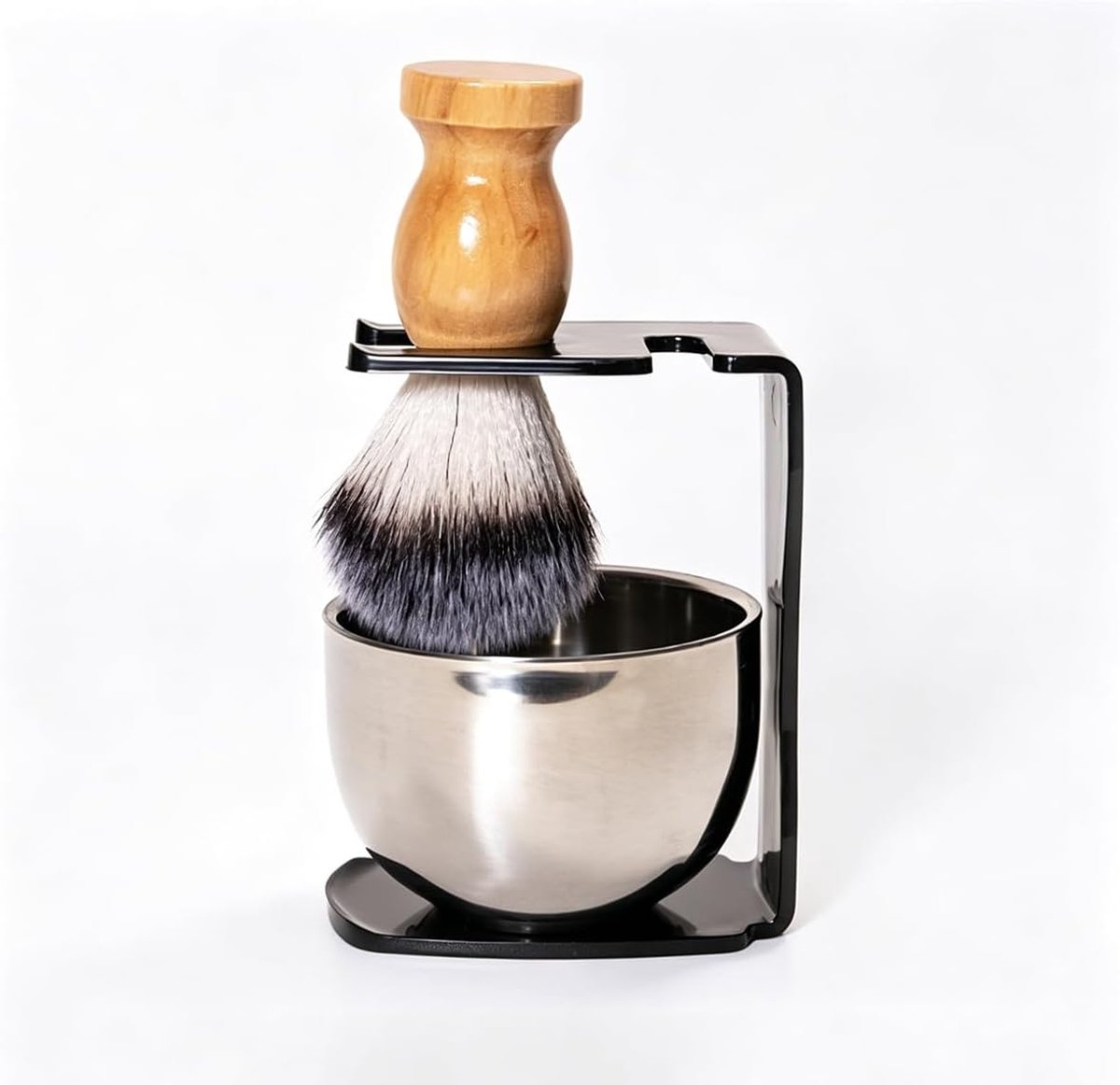 SnelShoppen - 3-in-1 Scheerset voor Mannen - Scheerkwast met Synthesekap, Houten Handvat, RVS Scheerhouder, Vegan, Geschenkset voor Vaderdag, Verjaard