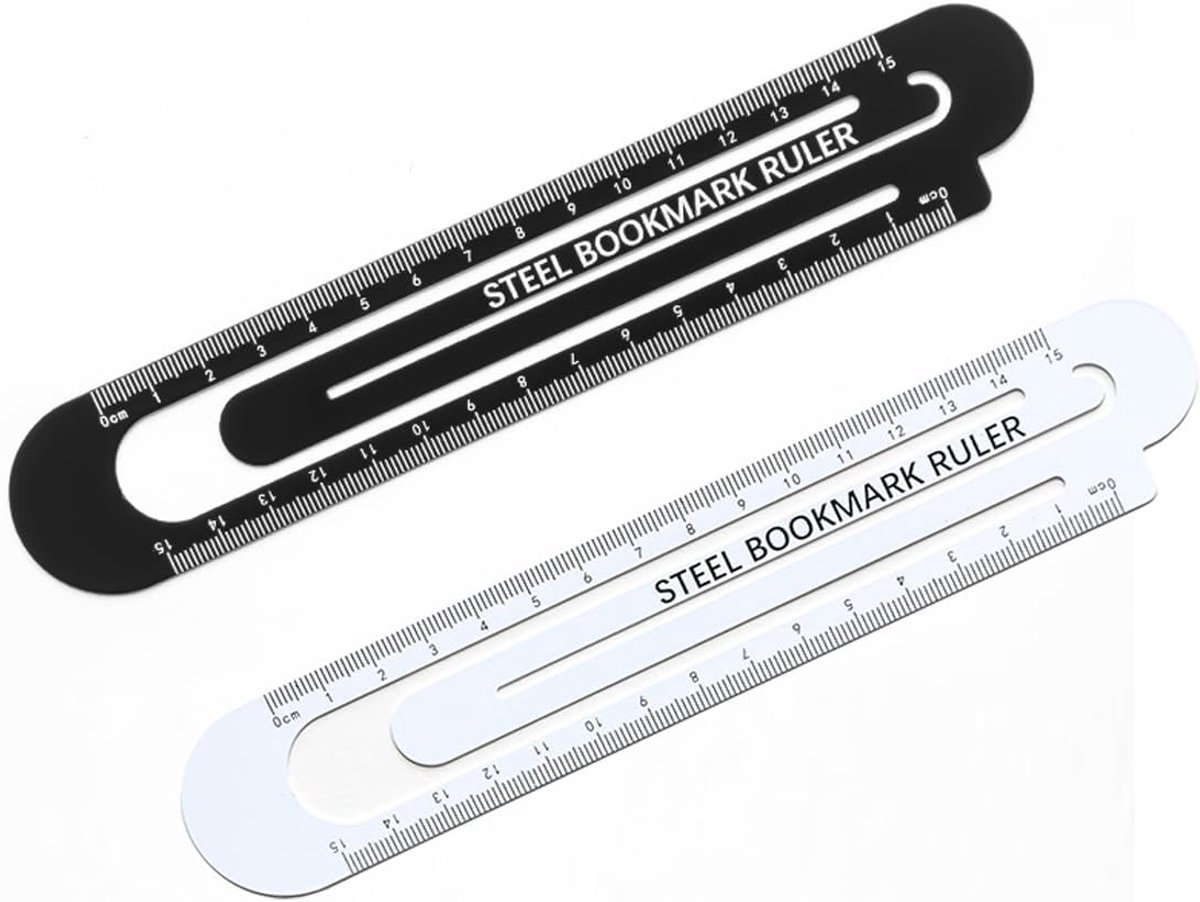 SnelShoppen - 2 Stuks 15 cm Metaal Bookmark Ruler - Klassiek Zwart en Wit - Rechte Liniaal met Duidelijke Meetmarkeringen voor Lezen en Studeren