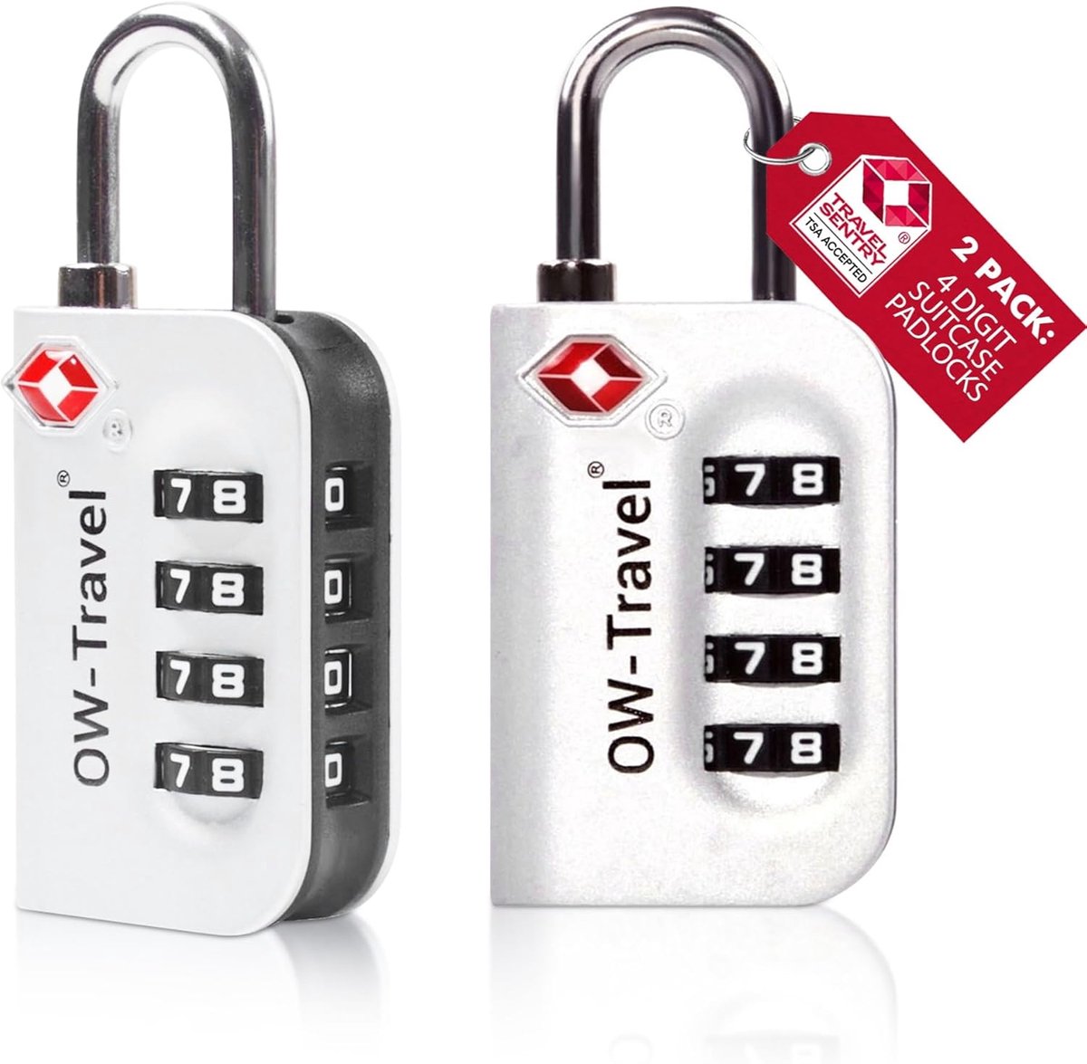 SnelShoppen - TSA Hangslot 4 Cijfers - Combinatieslot voor Koffer, Bagage, Rugzak, Gymkluisje - Zinklegering, 2 Stuks, Zilver - Veilig Reizen, Handbag