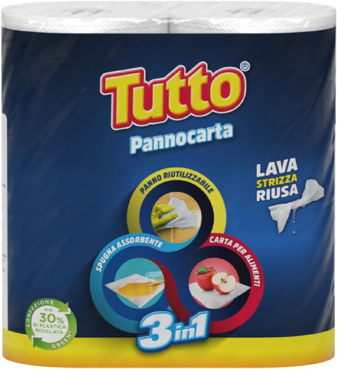 SnelShoppen - Tutto Pannocarta 3-in-1 Multifunctionele Papieren Rollen - 2 Rollen, 48 Scheuren, Extra Absorberend, Wasbaar en Herbruikbaar, 100% Itali