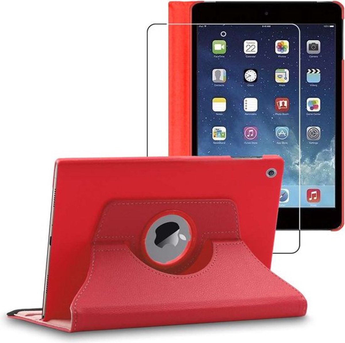 ebestStar - Hoes geschikt voor iPad Mini 1/2/3 Apple, Roterende Etui, Case, 360° Draaibaar hoesje, Rood + Gehard Glas
