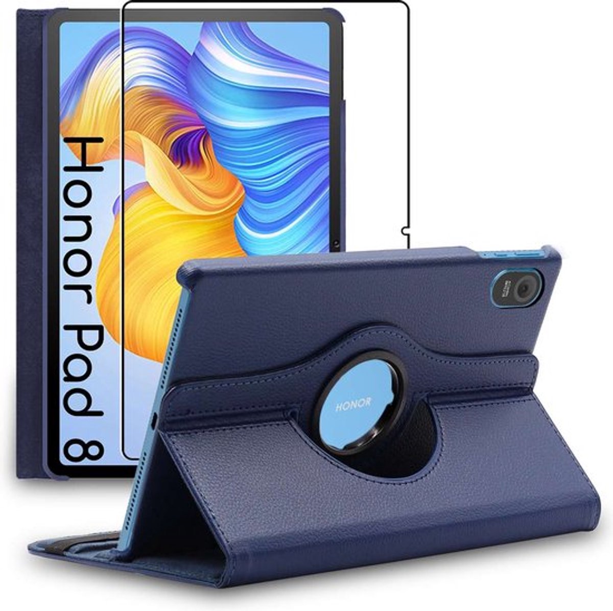 ebestStar - Hoes geschikt voor Honor Pad 8, Roterende Etui, Case, 360° Draaibaar hoesje, Donkerblauw + Gehard Glas