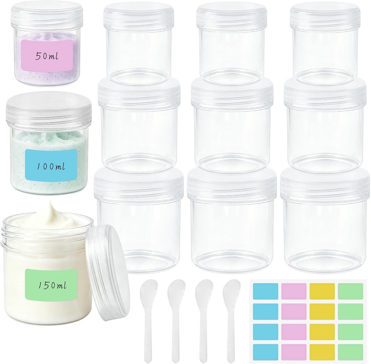 SnelShoppen - 12 Stuks Crèmepotjes Om Te Vullen 150 ml/100 ml/50 ml | Transparante Kunststof Potjes Voor Crème, Zalf, DIY Cosmeticaproducten, Met Deks