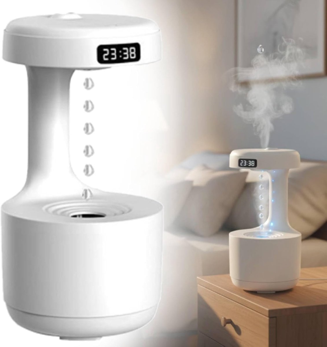 SnelShoppen - Anti-zwaartekracht Luchtbevochtiger voor Slaapkamer - 800ml Cool Mist Bevochtiger met LED-display en Digitale Klok - Stille Werking en A