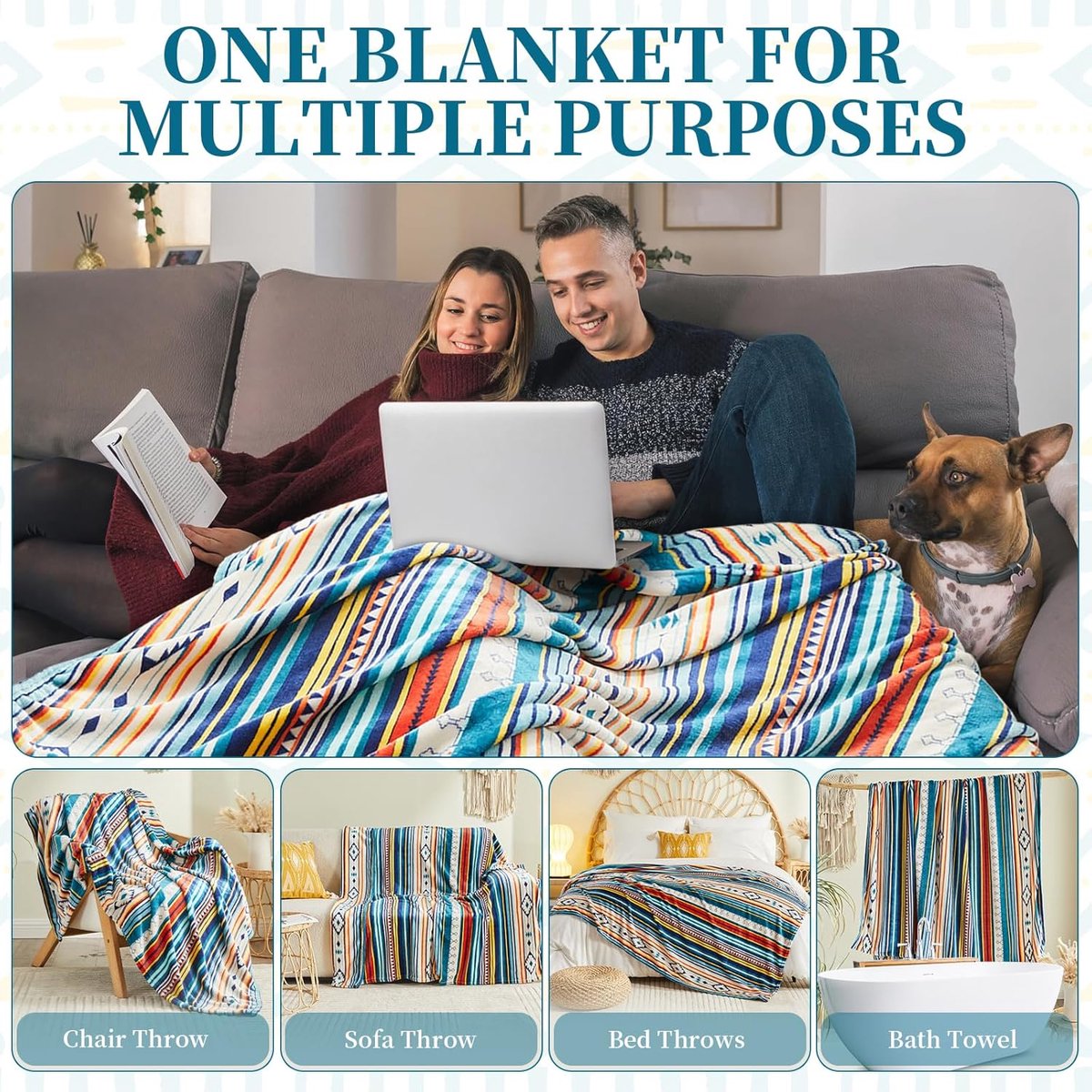 SnelShoppen - Ultra Soft Fleece Throw Blanket 130x150cm - Boho Single Sofa Bed Throw - Blauwe Stripe Dekentje voor Bed, Sofa en Stoel - Decoratieve Bo