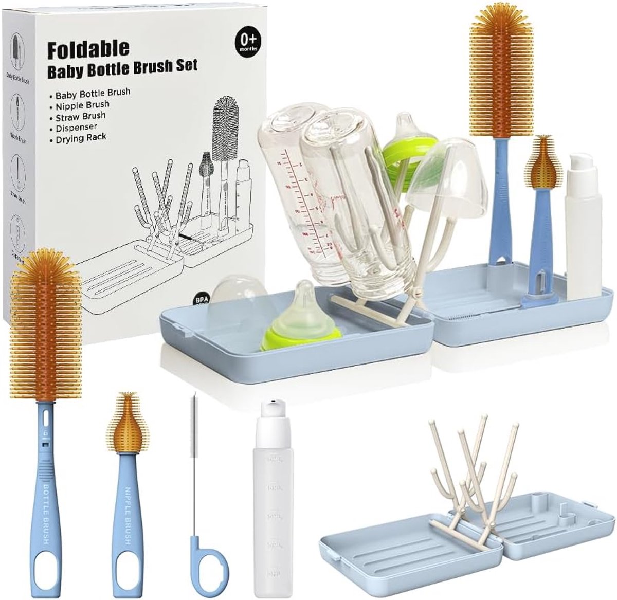 SnelShoppen - YOTIME Reisfles Borstelset met Vouwbare Fles Droogrek, BPA Vrij, Veilig Silicone en Polypropyleen, Voor Baby Reisbenodigdheden, Blauw